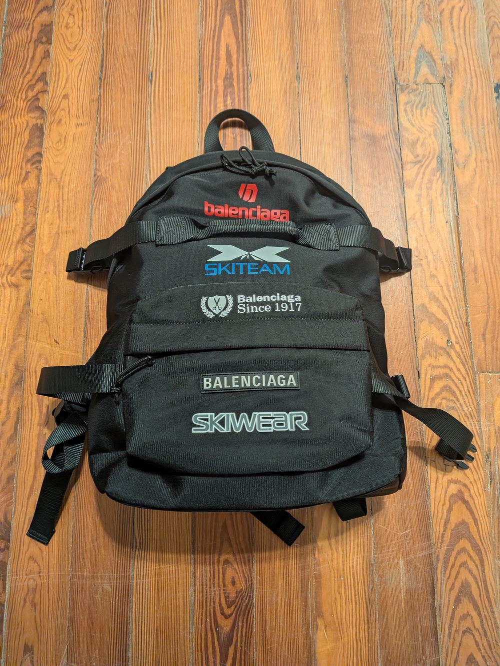 AUTHENTIC Balenciaga multi logo tactical ski backpack black Ski Team Accents